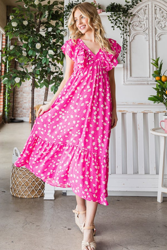 Printed V-Neck Ruffle Trim Tiered Midi Dress for Women | Midi Dress | Ro + Ivy