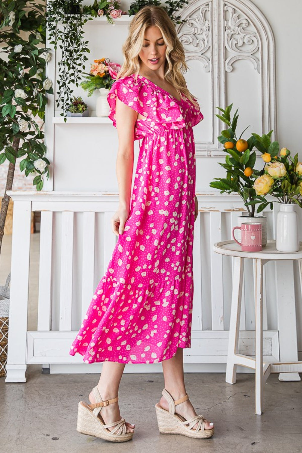Printed V-Neck Ruffle Trim Tiered Midi Dress for Women | Midi Dress | Ro + Ivy
