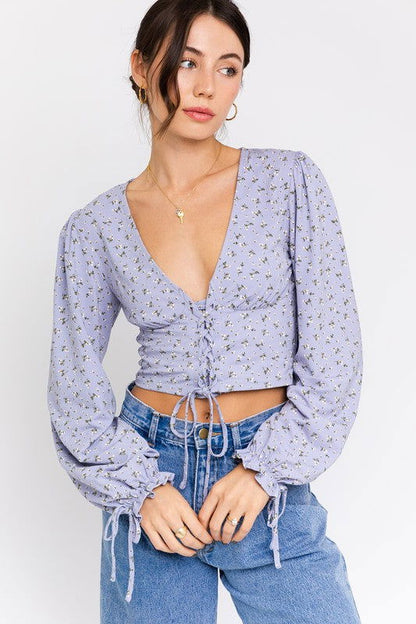 Boho Puff Sleeve Lace-Up V-Neck Blouse – LT BLUE-WHITE DITSY outfit idea for women | Ro + Ivy