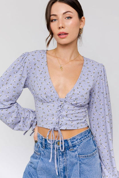 Boho Puff Sleeve Lace-Up V-Neck Blouse – outfit idea for women | Ro + Ivy
