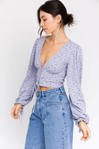 Boho Puff Sleeve Lace-Up V-Neck Blouse – outfit idea for women | Ro + Ivy