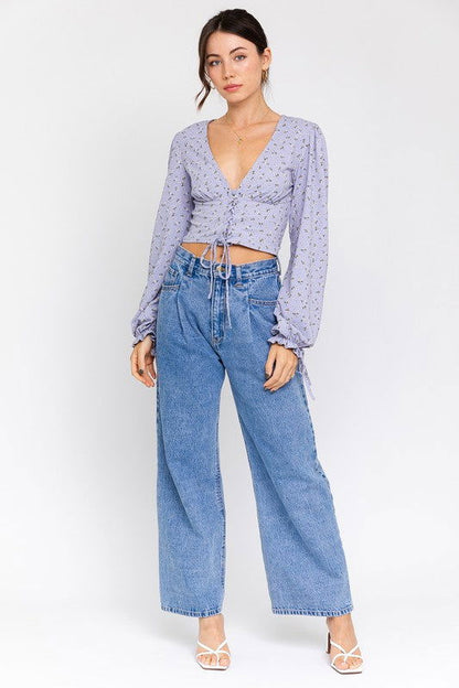 Boho Puff Sleeve Lace-Up V-Neck Blouse – outfit idea for women | Ro + Ivy