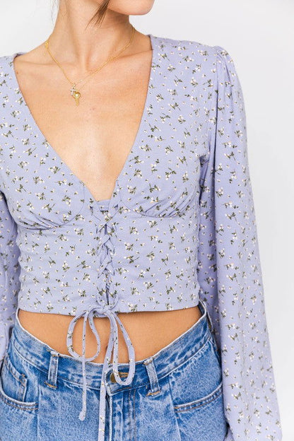 Boho Puff Sleeve Lace-Up V-Neck Blouse – outfit idea for women | Ro + Ivy