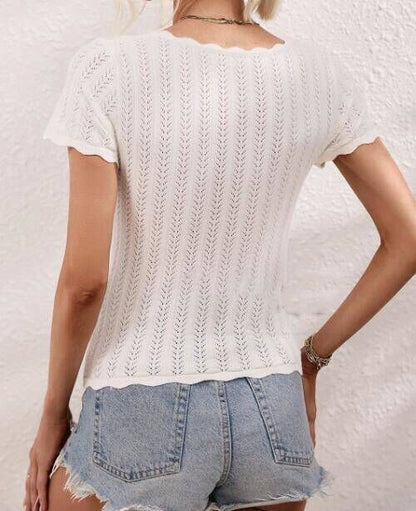 Colorblock U-Neck Ruffle Detail Soft Knit Top — Relaxed Flattering Effortless Everyday Style - Tops