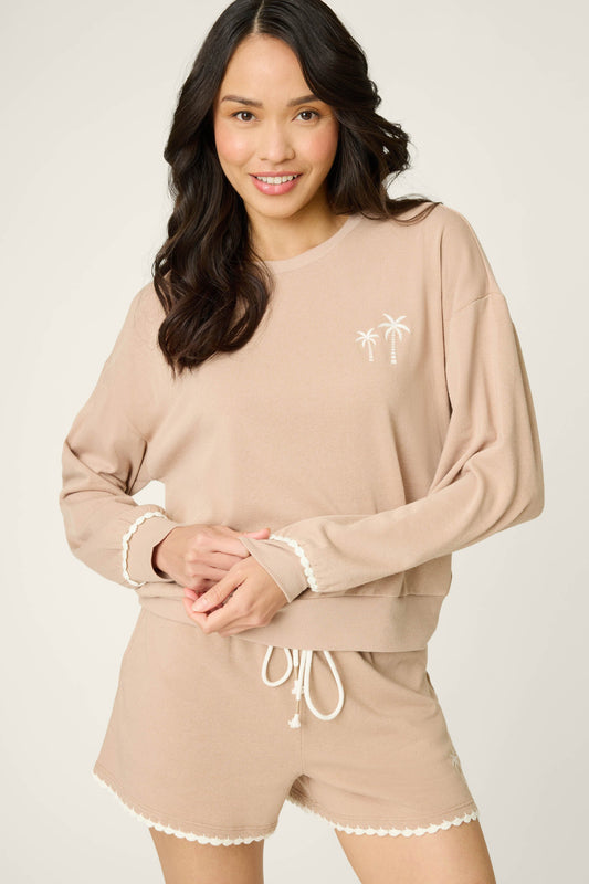 Embroidered Palms Long Sleeve Sweatshirt WARM TAUPE