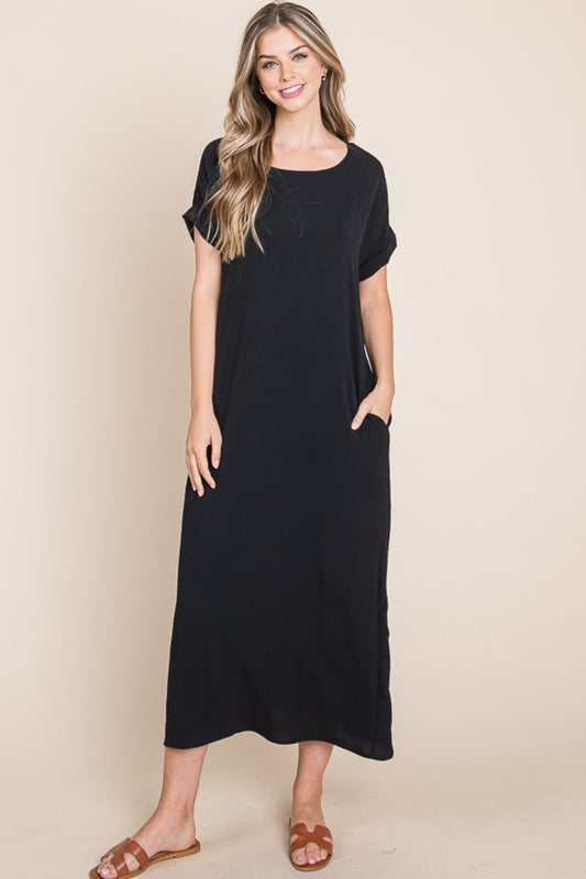 Round Neck Short Sleeve Midi Dress with Pockets for Women | Midi Dress | Ro + Ivy