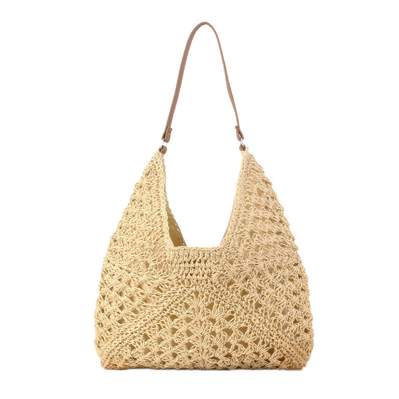 Woven Straw Shoulder Bag — Vegan Leather Strap Magnetic Clasp Closure - Straw Shoulder Bags