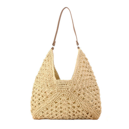 Woven Straw Shoulder Bag — Vegan Leather Strap Magnetic Clasp Closure - Straw Shoulder Bags