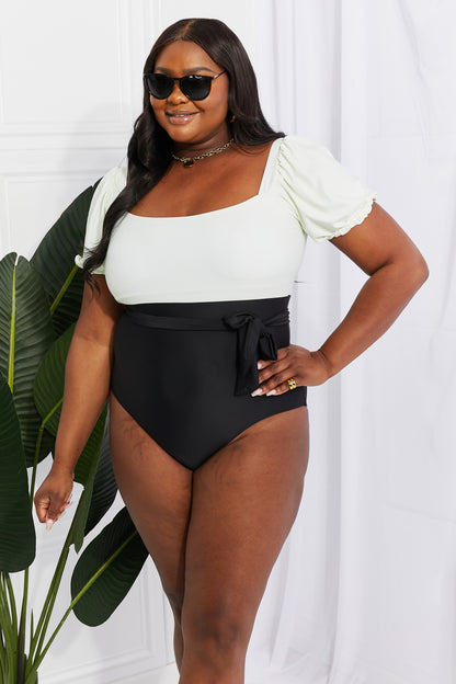 Salty Air Puff Sleeve One-Piece in Cream/Black for Women | Swimsuits | Ro + Ivy