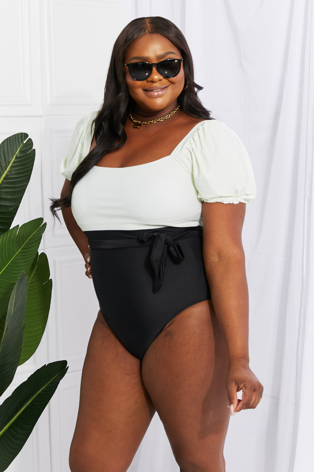 Salty Air Puff Sleeve One-Piece in Cream/Black for Women | Swimsuits | Ro + Ivy