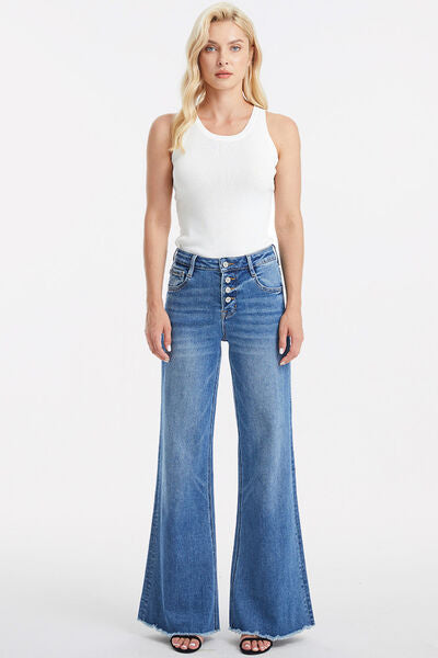 Size Inclusive High Waist Button-Fly Raw Hem Wide Leg Jeans for Women | Jeans | Ro + Ivy