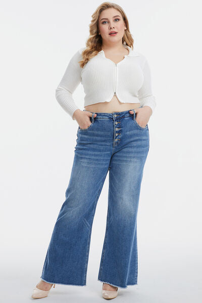 Size Inclusive High Waist Button-Fly Raw Hem Wide Leg Jeans for Women | Jeans | Ro + Ivy