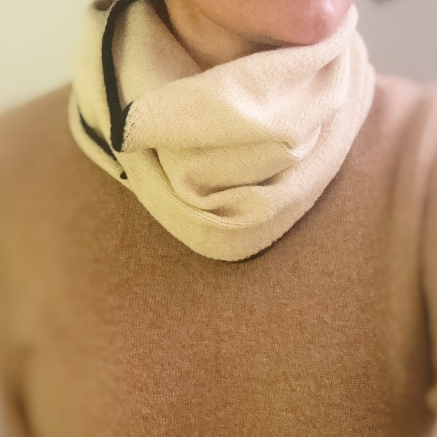 Slim Minimalist Knit Scarf – Two-Tone & Striped - Ivory with Black Trim Scarves