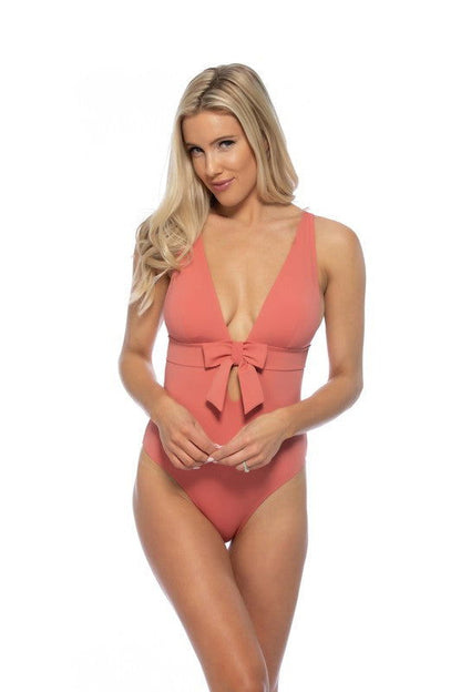 Solid Halter Bow Tie Front One Piece Swimsuit – outfit idea for women | Ro + Ivy