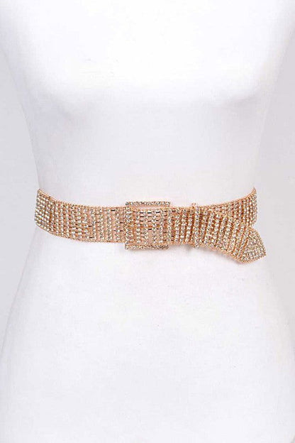 Statement Rhinestone Buckle Chain Belt – Gold O S outfit idea for women | Ro + Ivy