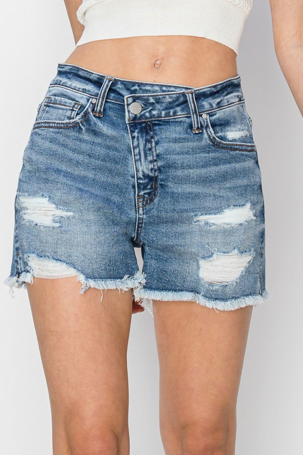 Stepped Waist Frayed Denim Shorts for Women - Ro + Ivy