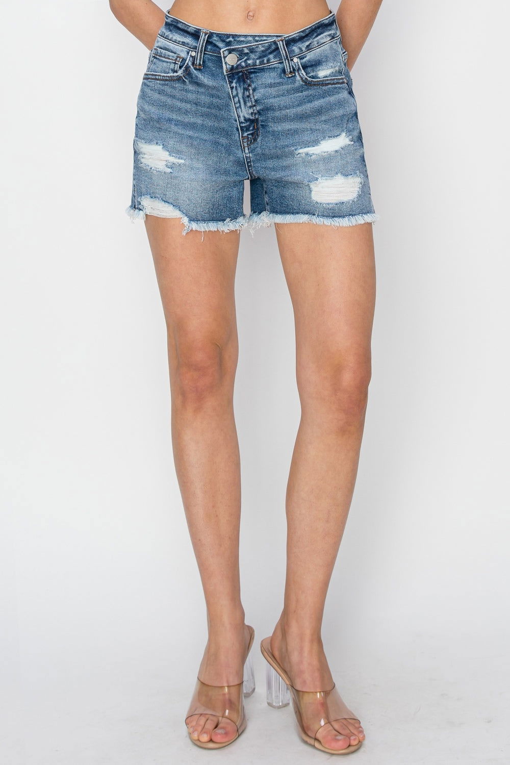 Stepped Waist Frayed Denim Shorts for Women - Ro + Ivy