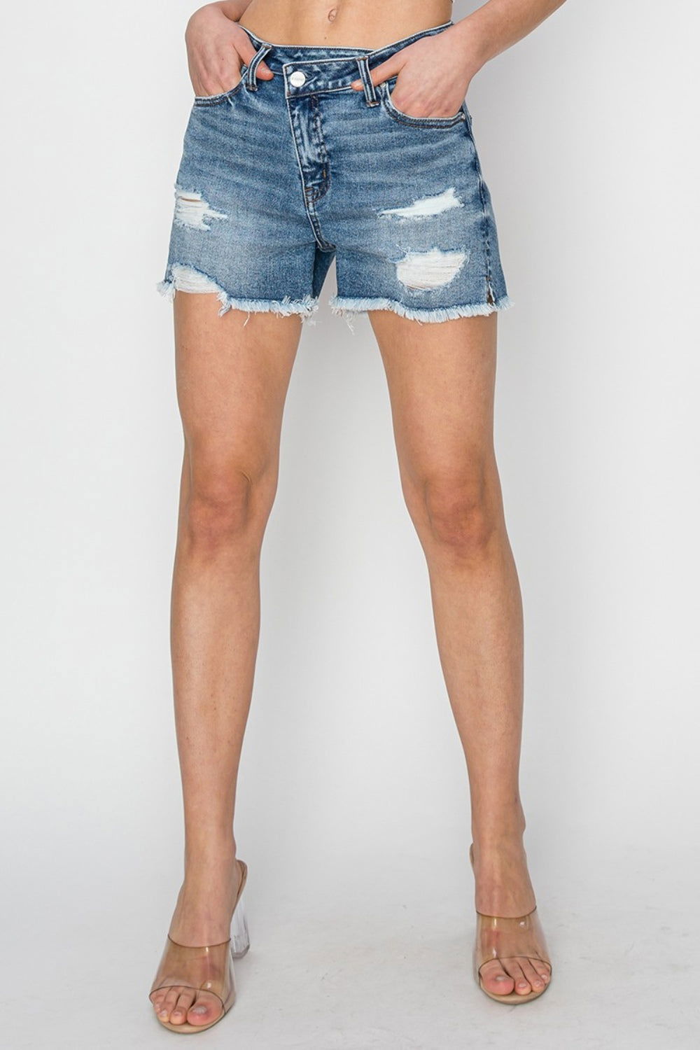 Stepped Waist Frayed Denim Shorts for Women - Ro + Ivy