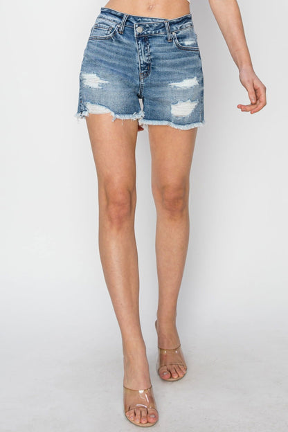 Stepped Waist Frayed Denim Shorts for Women - Ro + Ivy