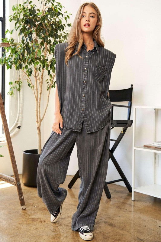 Stripe Button Down Shirt And Pants Outfit Set - Ro + Ivy