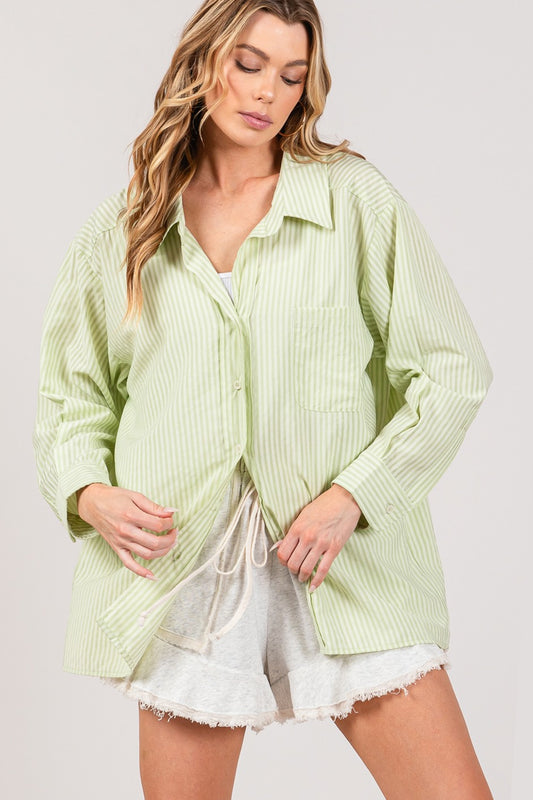 Striped Button Up Long Sleeve Shirt for Women in Sage | Shirts | Ro + Ivy