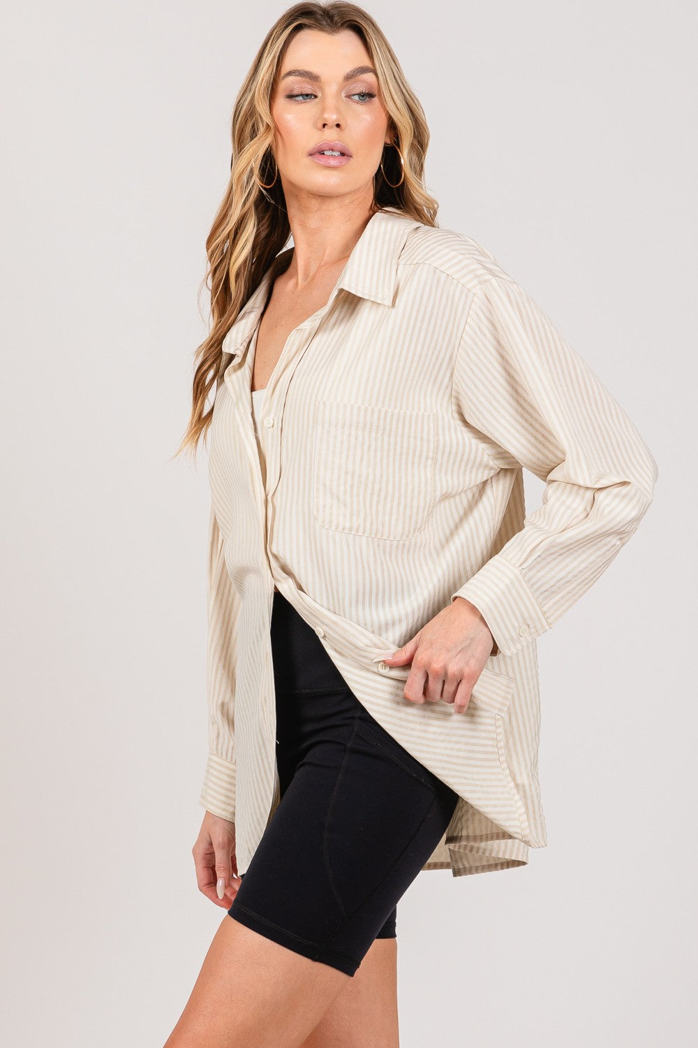 Striped Button Up Long Sleeve Shirt for Women in Taupe | Shirts | Ro + Ivy