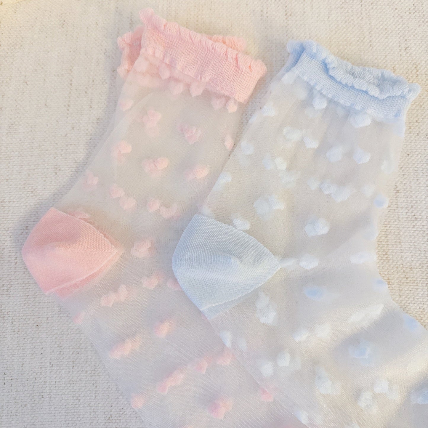 Delicate Heart Pattern Sheer Lightweight Socks Set Of 2 — Romantic Everyday Style - Pink Blue Socks