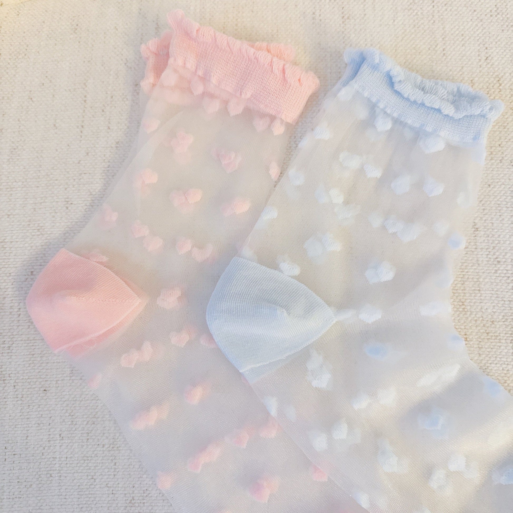 Delicate Heart Pattern Sheer Lightweight Socks Set Of 2 — Romantic Everyday Style - Pink Blue Socks
