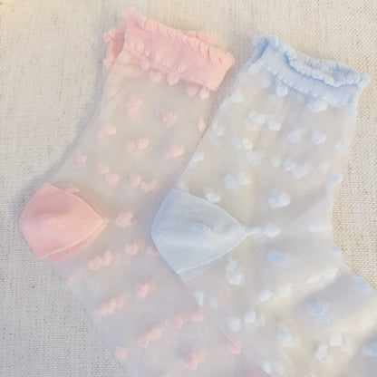 Delicate Heart Pattern Sheer Lightweight Socks Set Of 2 — Romantic Everyday Style - Pink Blue Socks