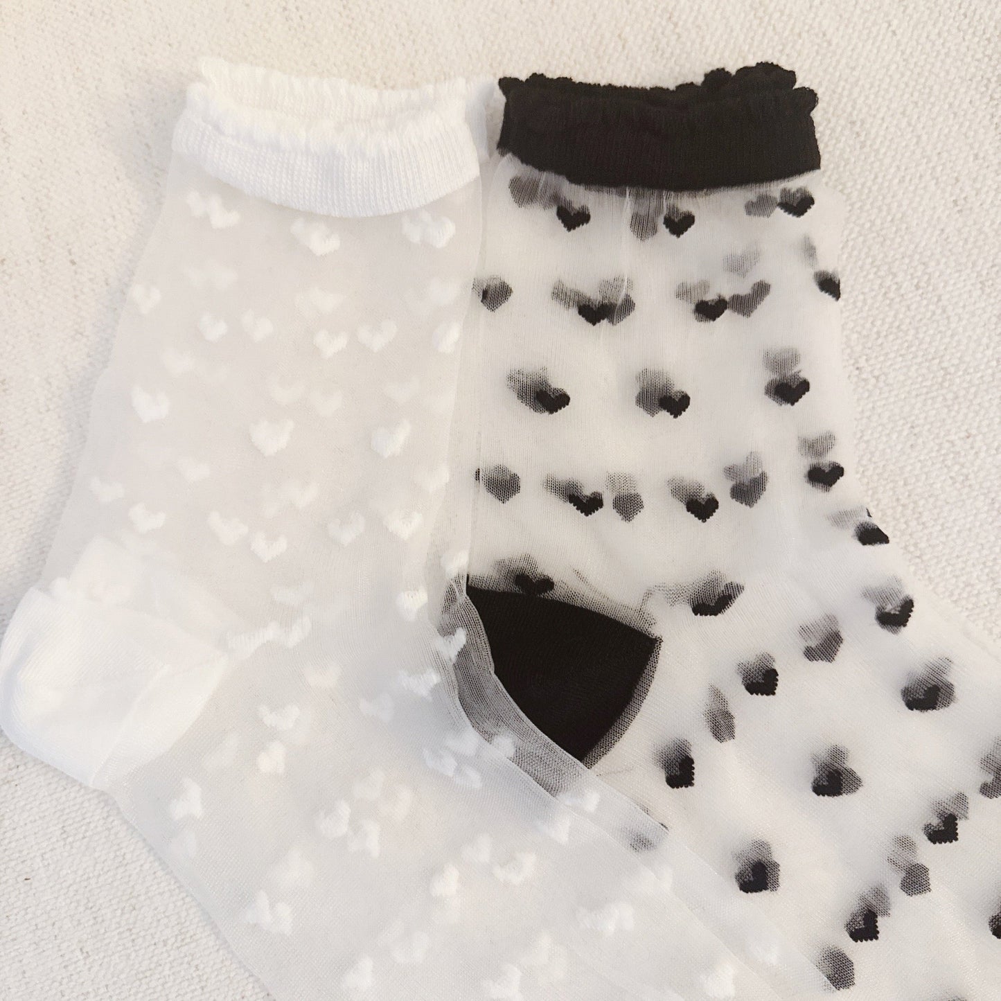 Delicate Heart Pattern Sheer Lightweight Socks Set Of 2 — Romantic Everyday Style - Black White Socks