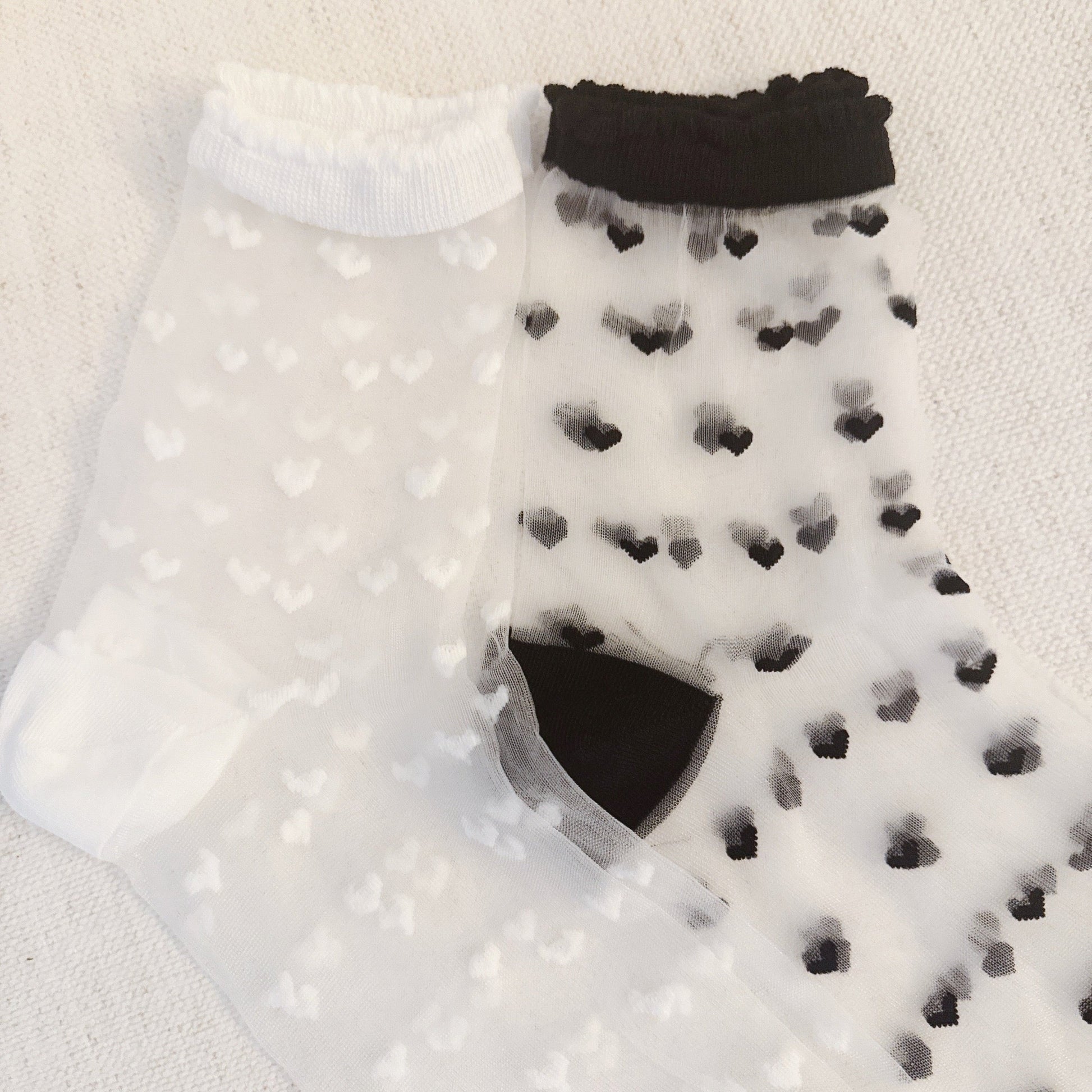 Delicate Heart Pattern Sheer Lightweight Socks Set Of 2 — Romantic Everyday Style - Black White Socks