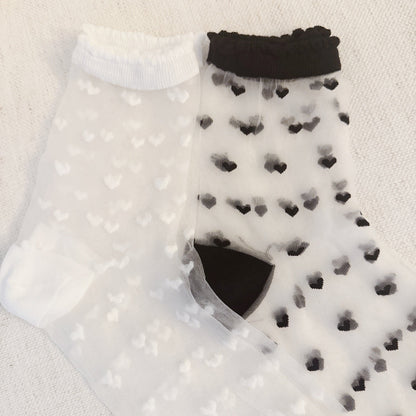 Delicate Heart Pattern Sheer Lightweight Socks Set Of 2 — Romantic Everyday Style - Black White Socks