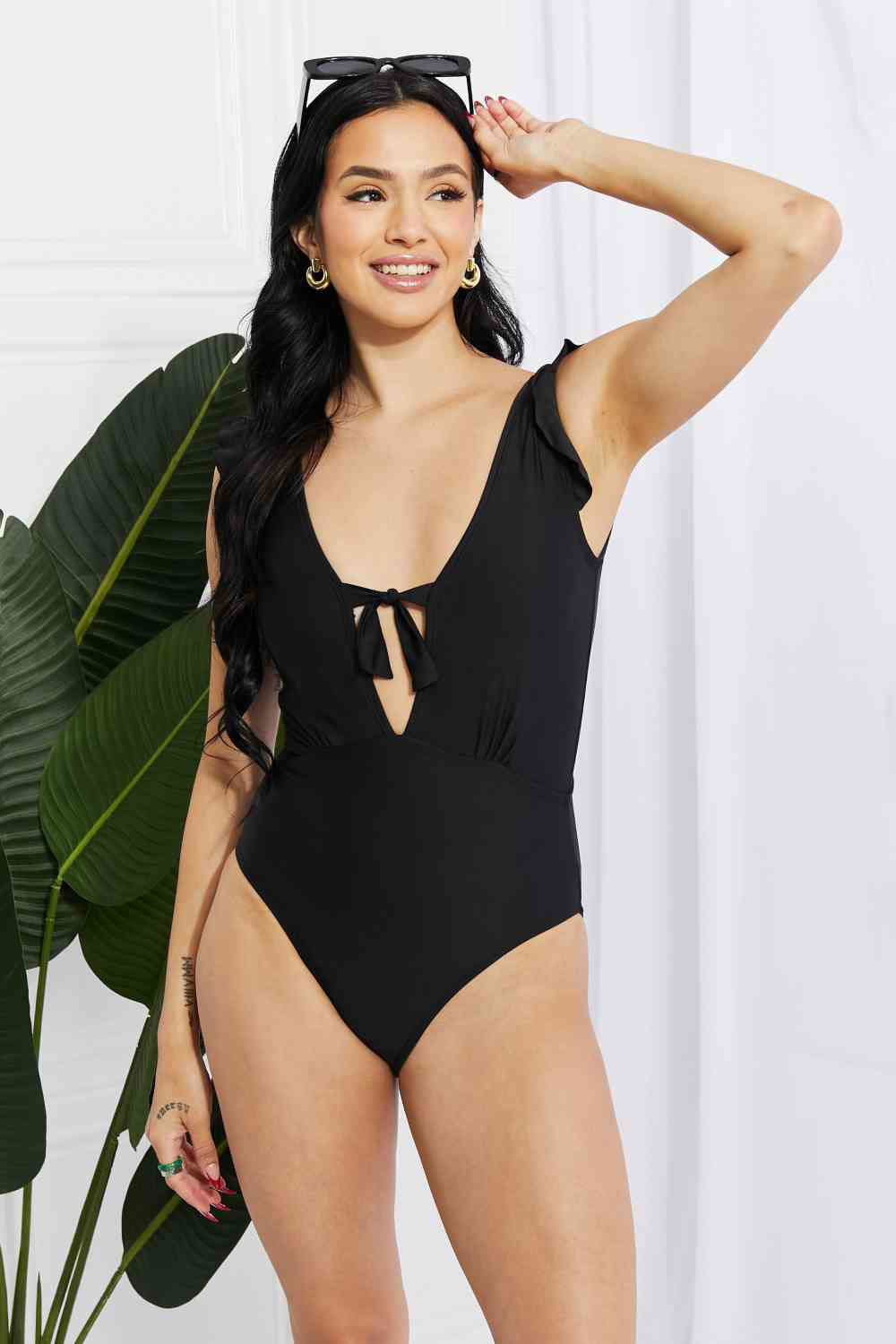 Swim Seashell Ruffle Sleeve One-Piece in Black for Women - Ro + Ivy