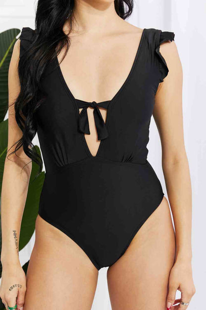 Swim Seashell Ruffle Sleeve One-Piece in Black for Women - Ro + Ivy