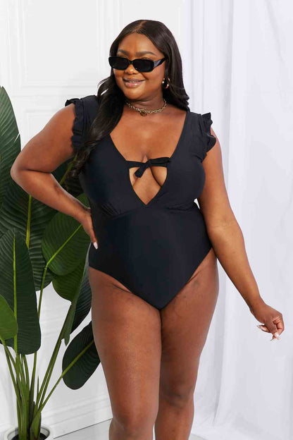 Swim Seashell Ruffle Sleeve One-Piece in Black for Women - Ro + Ivy