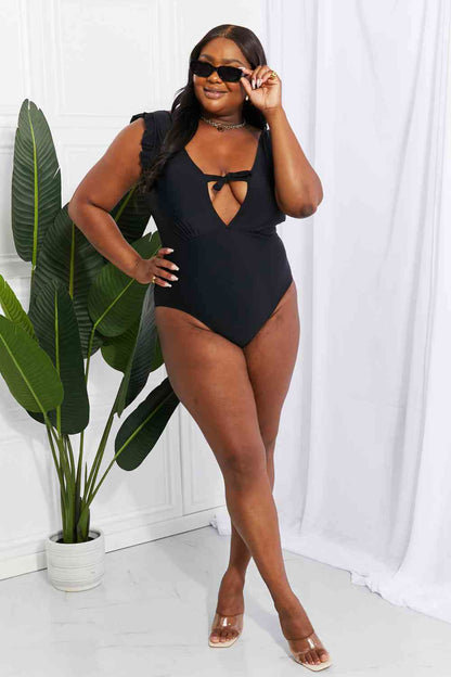 Swim Seashell Ruffle Sleeve One-Piece in Black for Women - Ro + Ivy