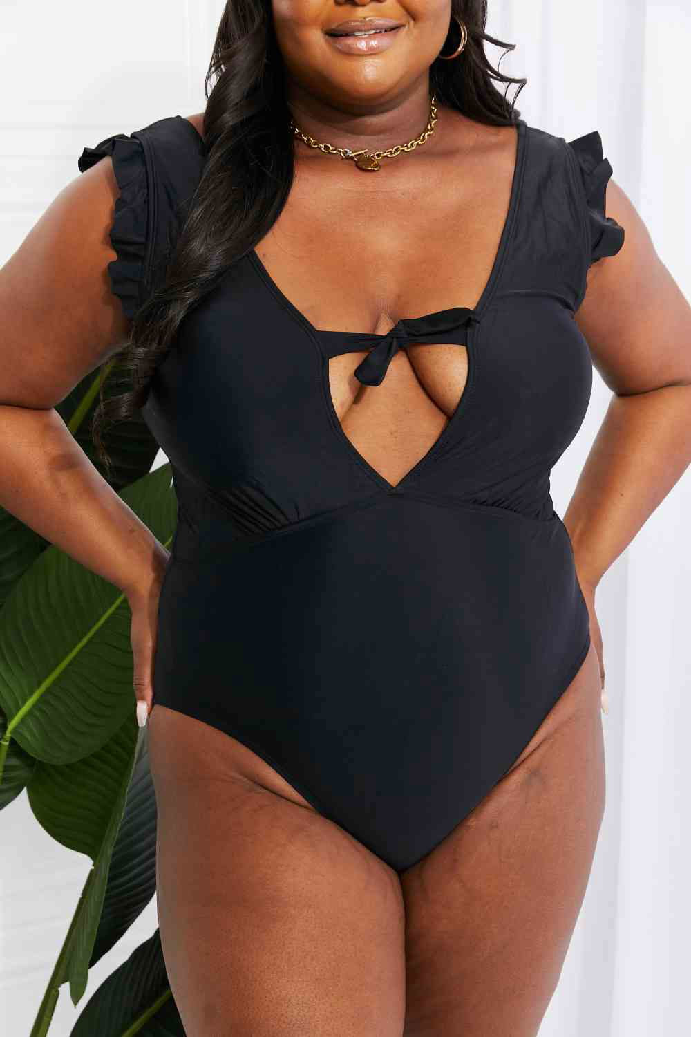 Swim Seashell Ruffle Sleeve One-Piece in Black for Women - Ro + Ivy