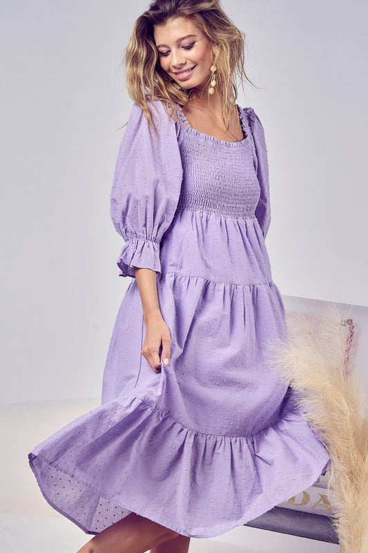 Swiss Dot Flounce Sleeve Smocked Tiered Midi Dress for Women | Midi Dress | Ro + Ivy