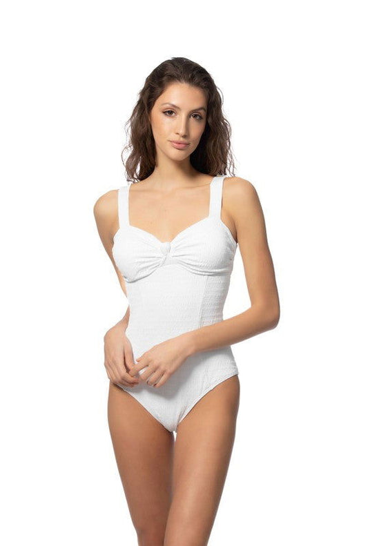 Textured Solid One Piece Swimsuit With Knot Front – White outfit idea for women | Ro + Ivy