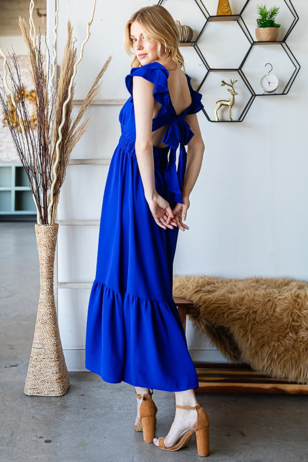 Tie Back Sleeveless Ruffled Midi Dress for Women | Midi Dress | Ro + Ivy