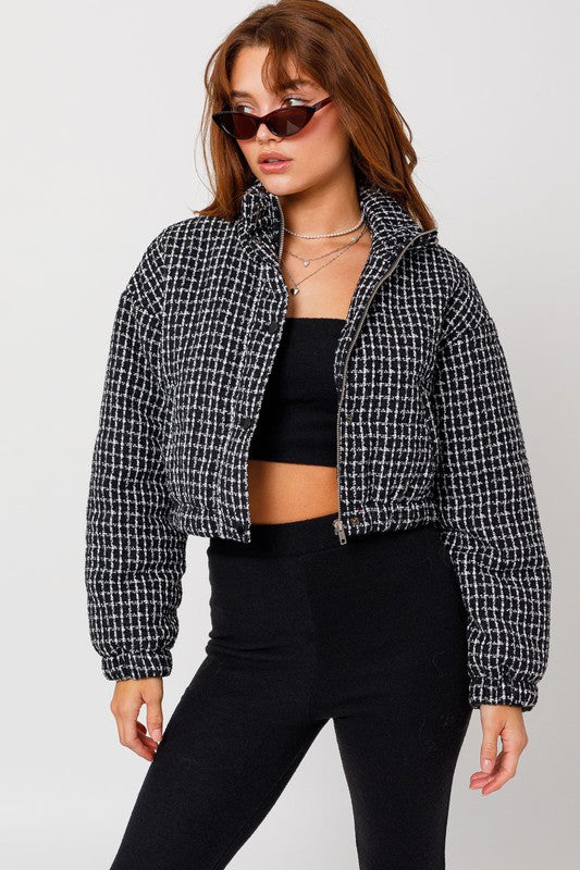 Tweed Crop Puffer Jacket - Ro + Ivy