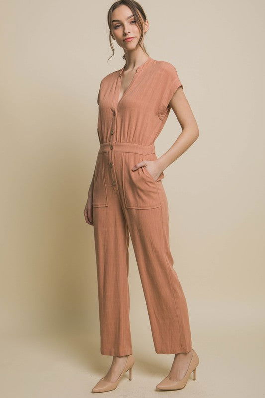 V-Neck Pocketed Jumpsuit - Ro + Ivy