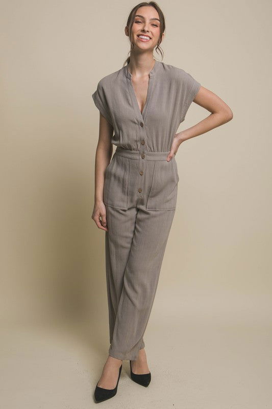 V-Neck Pocketed Jumpsuit - Ro + Ivy