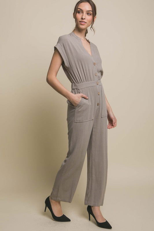 V-Neck Pocketed Jumpsuit - Ro + Ivy