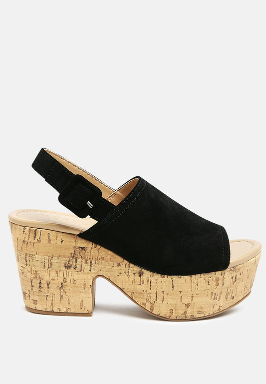 Women's Suede Slingback Platform Sandals, Wood Heel Black