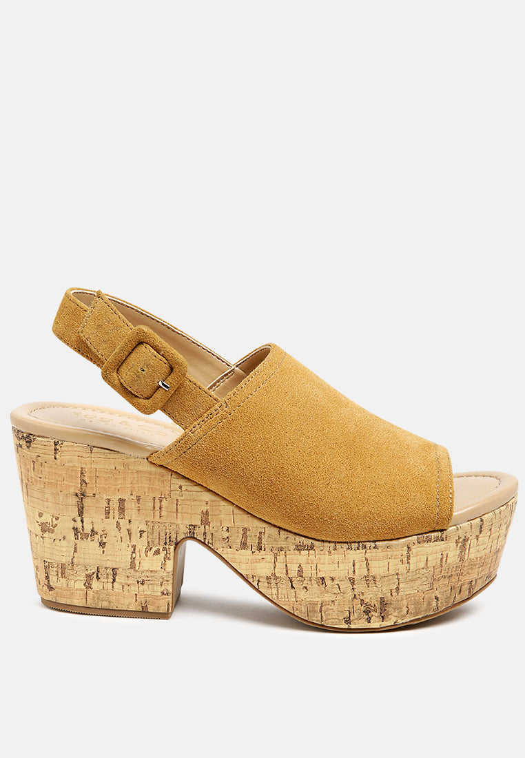 Women's Suede Slingback Platform Sandals, Wood Heel - Tan Sandals