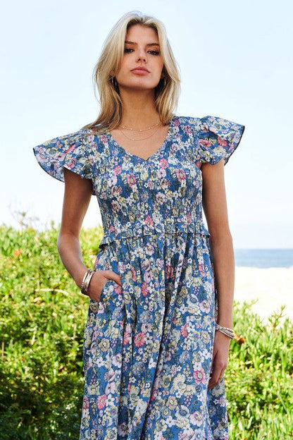 Vintage Garden Floral Flutter Smocking Midi Dress – outfit idea for women | Ro + Ivy