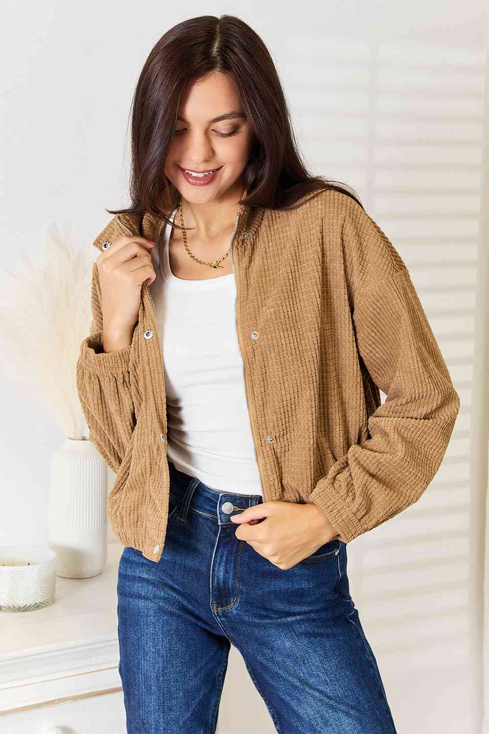 Women's Waist Length Textured Mock Neck Zip Up Jacket | Jackets | Ro + Ivy