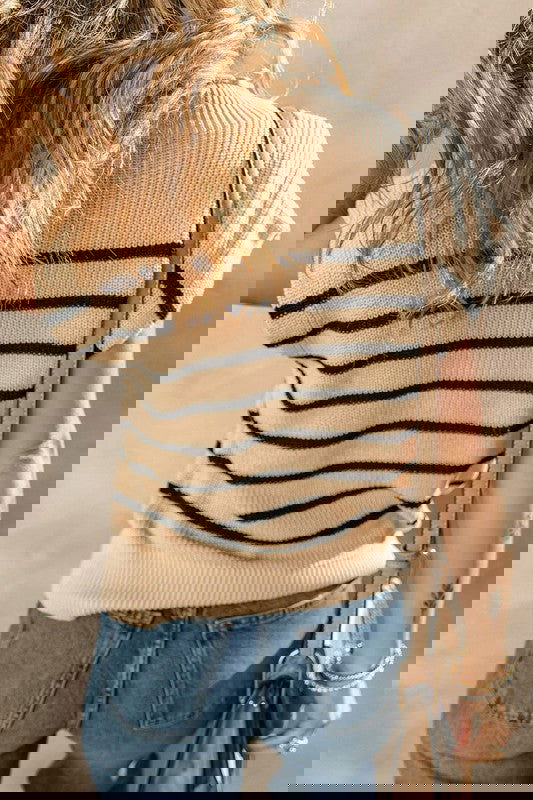 Women Striped Ribbed Knit High Neck Sweater Top - Ro + Ivy