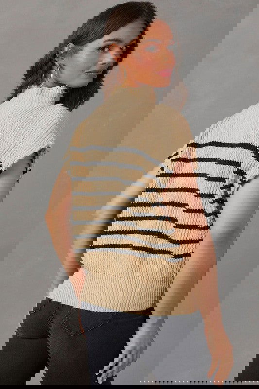 Women Striped Ribbed Knit High Neck Sweater Top - Ro + Ivy